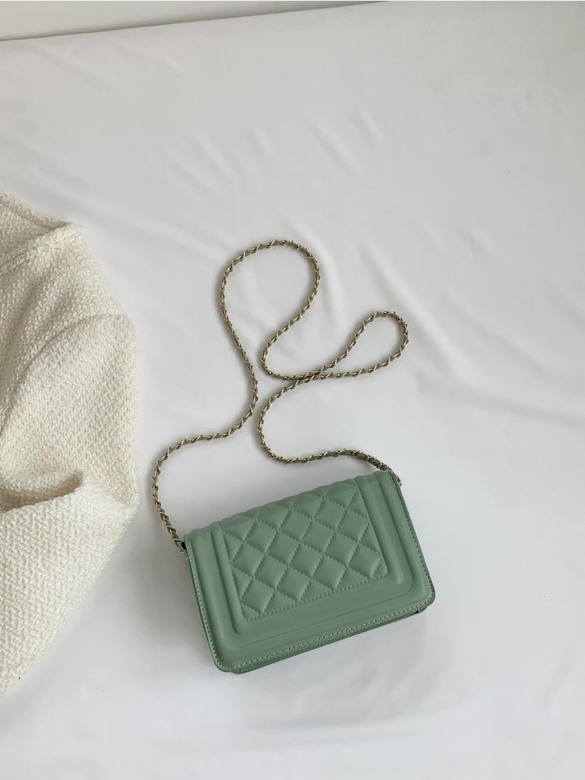 Mini Square Bag Rhinestone Round Decor Quilted Chain Flap PU