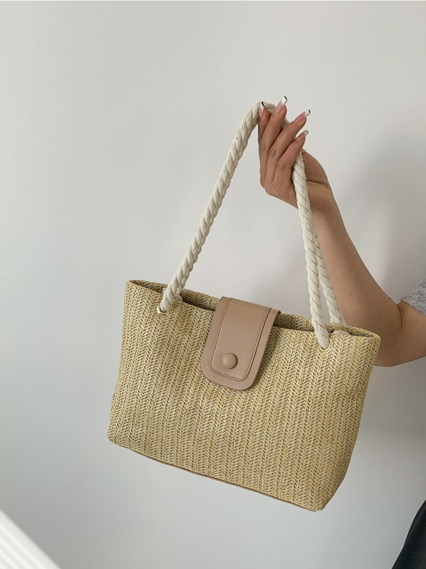 Vacation Straw Bag Double Handle Snap Button Zipper