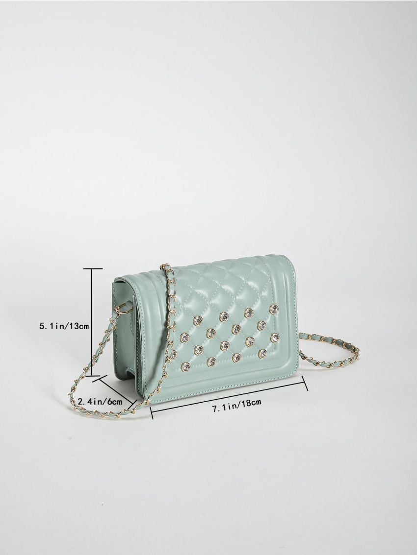 Mini Square Bag Rhinestone Round Decor Quilted Chain Flap PU