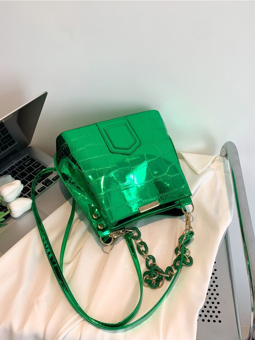 Crocodile Embossed Bucket Bag Metallic Green