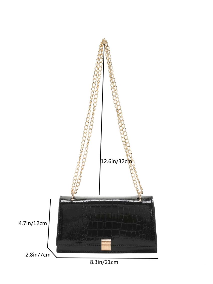 Small Square Bag Black Crocodile Embossed Flap Chain Strap For Daily