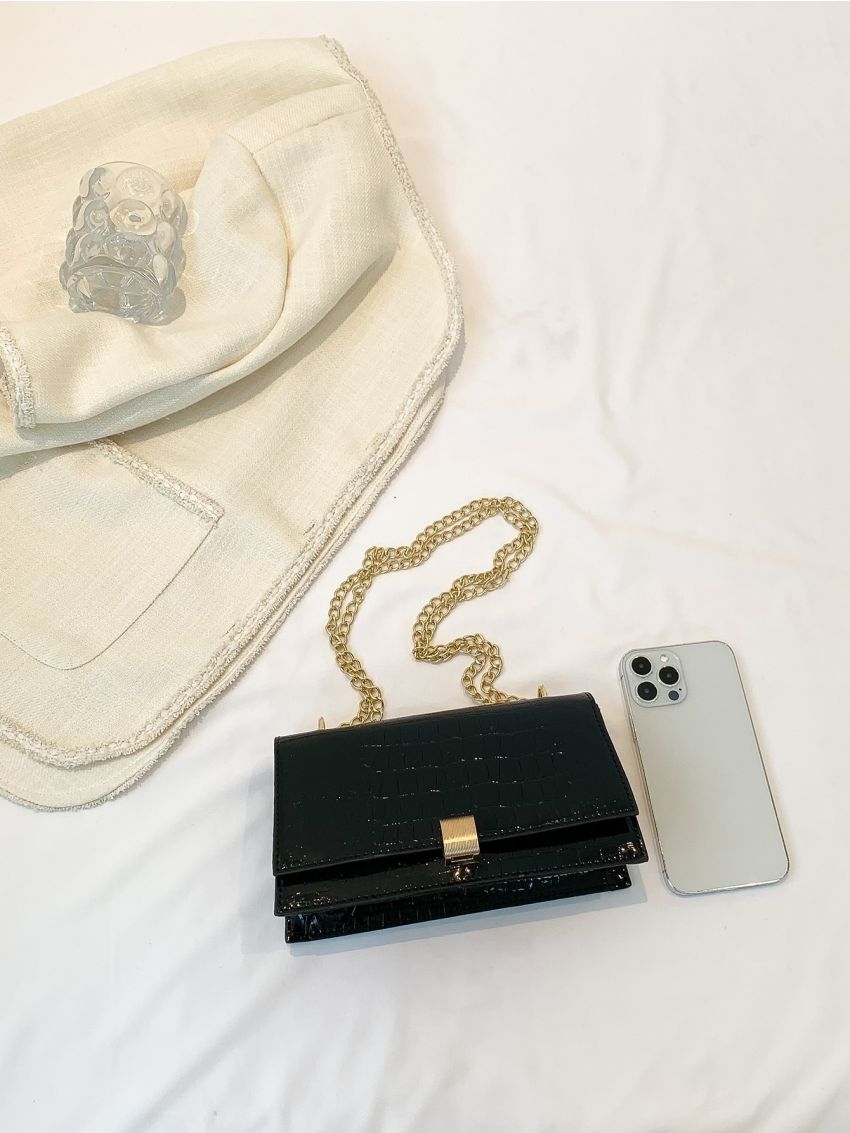 Small Square Bag Black Crocodile Embossed Flap Chain Strap For Daily