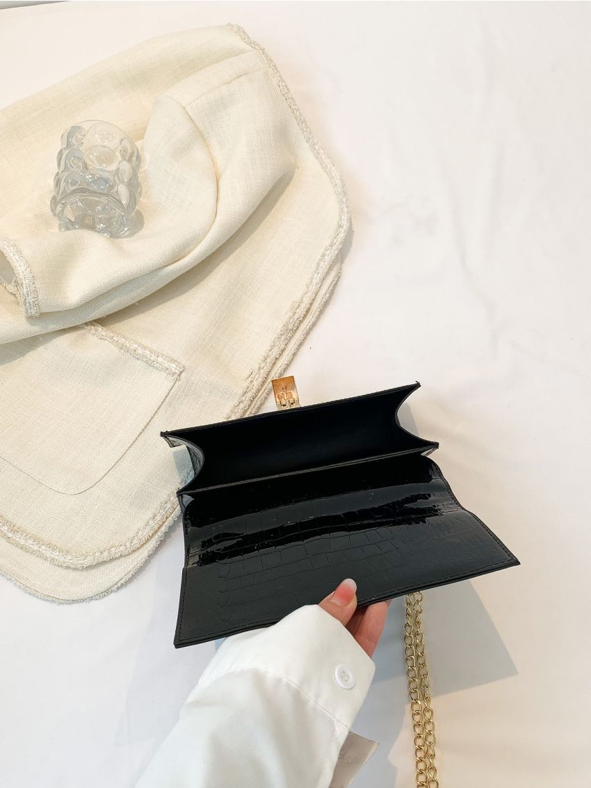 Small Square Bag Black Crocodile Embossed Flap Chain Strap For Daily