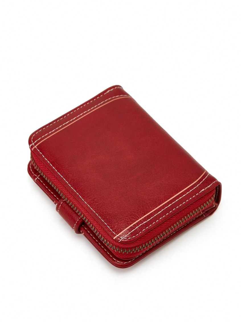 Trifold Small Wallet Vintage Litchi Embossed Zipper PU