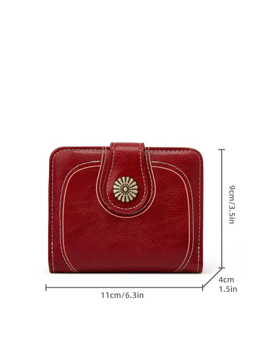 Trifold Small Wallet Vintage Litchi Embossed Zipper PU