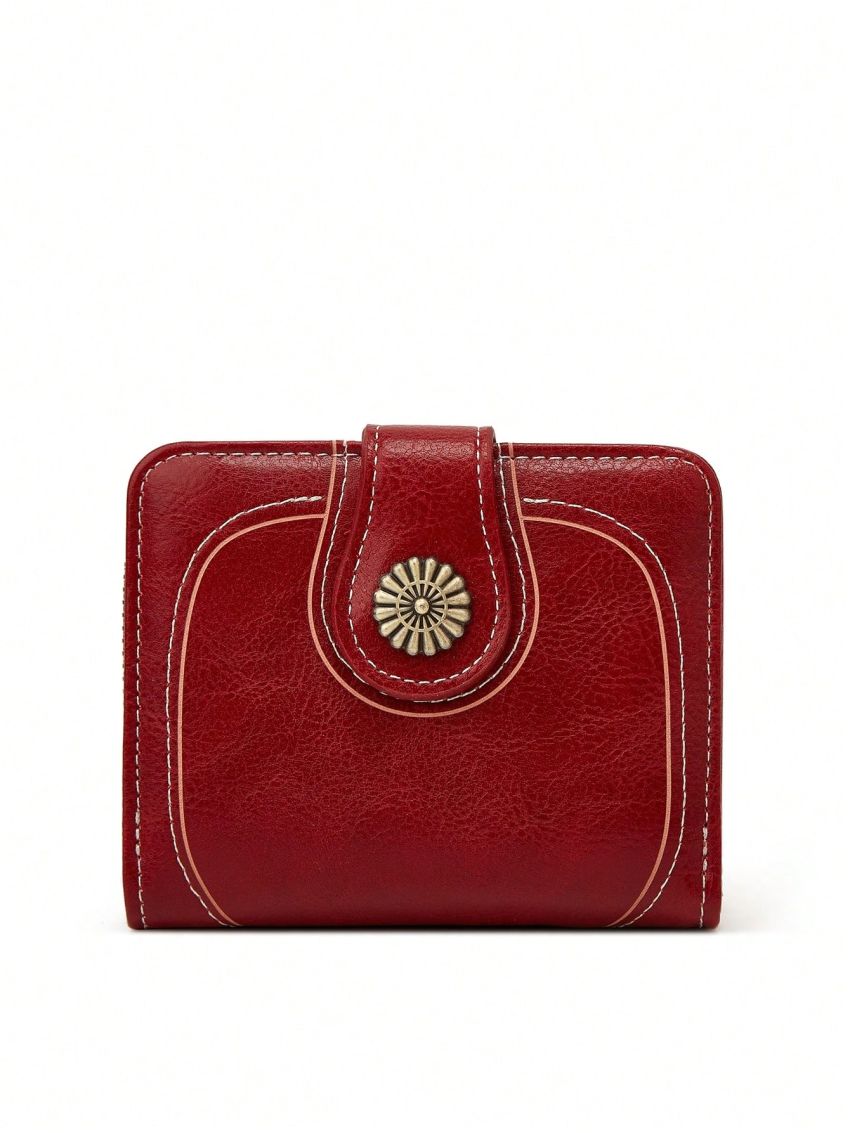 Trifold Small Wallet Vintage Litchi Embossed Zipper PU