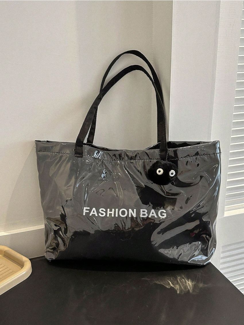 Large Tote Bag Fashionable Black Letter Graphic Magnet Double Handle With Pom Pom Decor