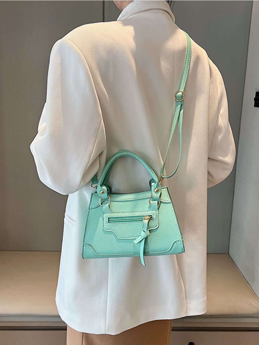 Zip Front Square  Bag Double Handle Black