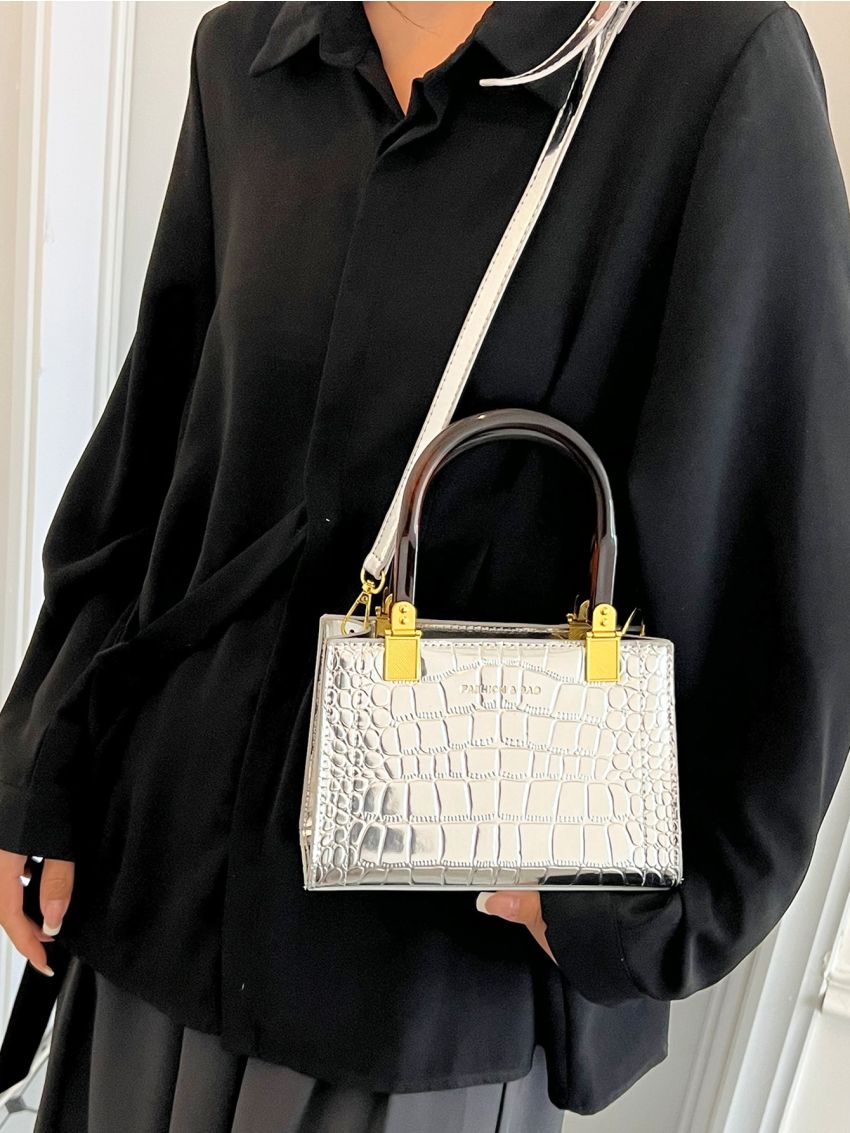 Crocodile Embossed Double Handle Square Bag Funky Metallic