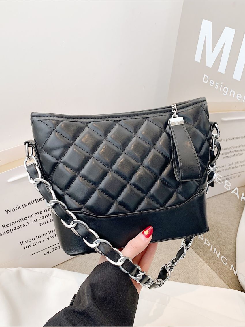 Quilted Pattern Square Bag Chain Zipper