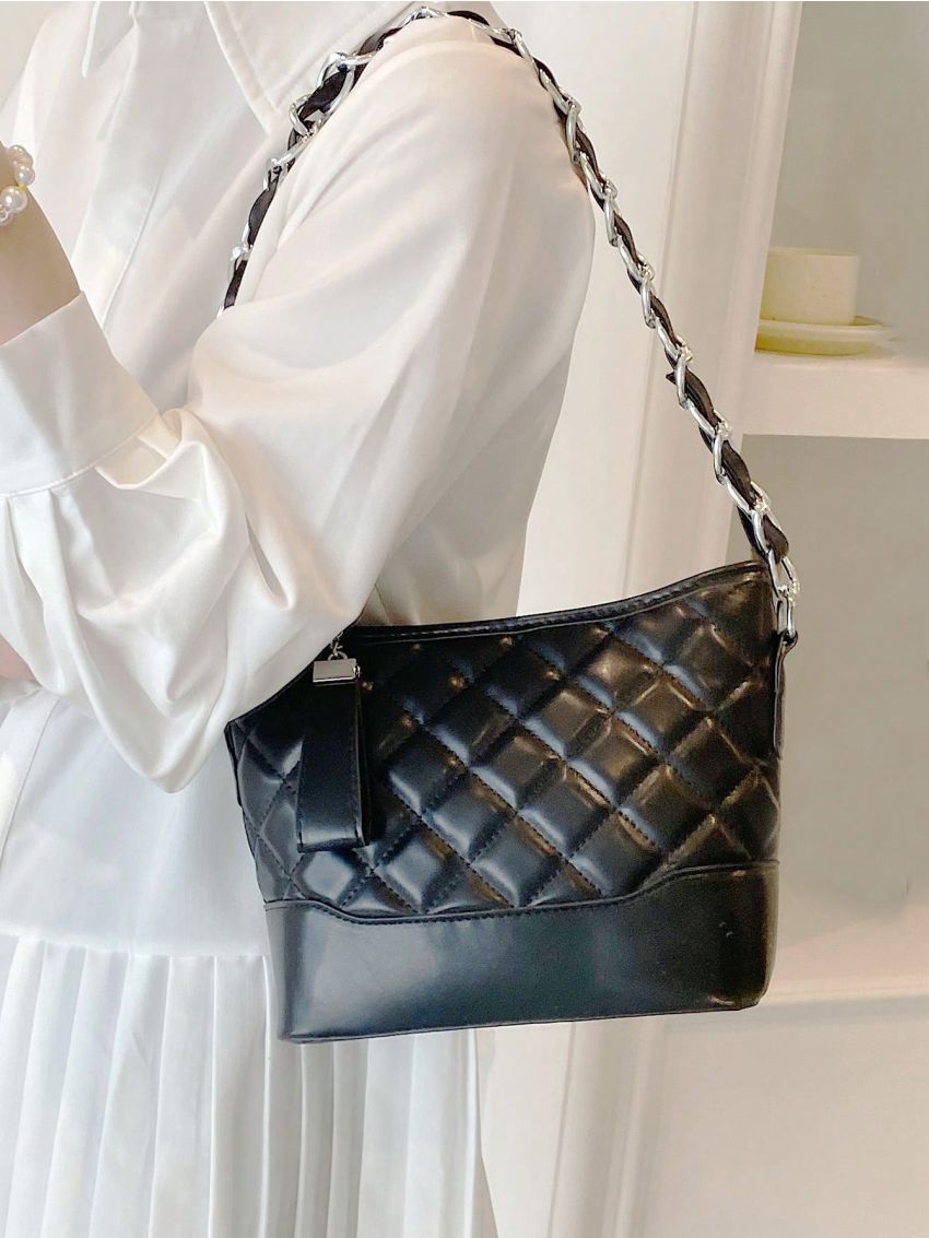 Quilted Pattern Square Bag Chain Zipper