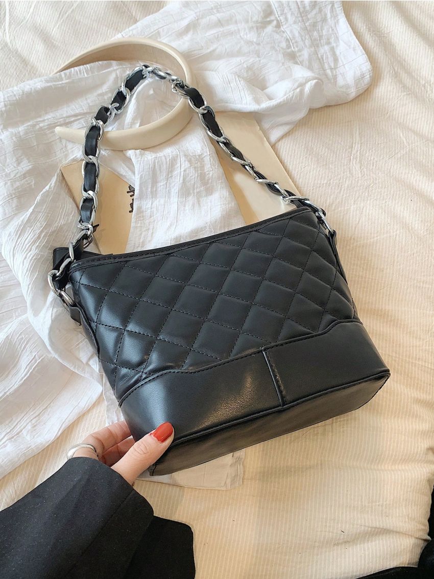 Quilted Pattern Square Bag Chain Zipper