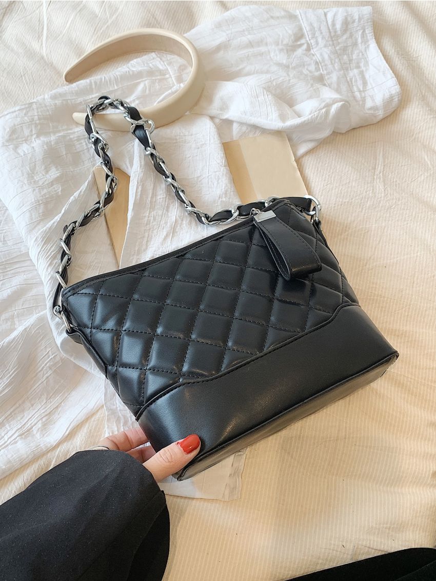 Quilted Pattern Square Bag Chain Zipper