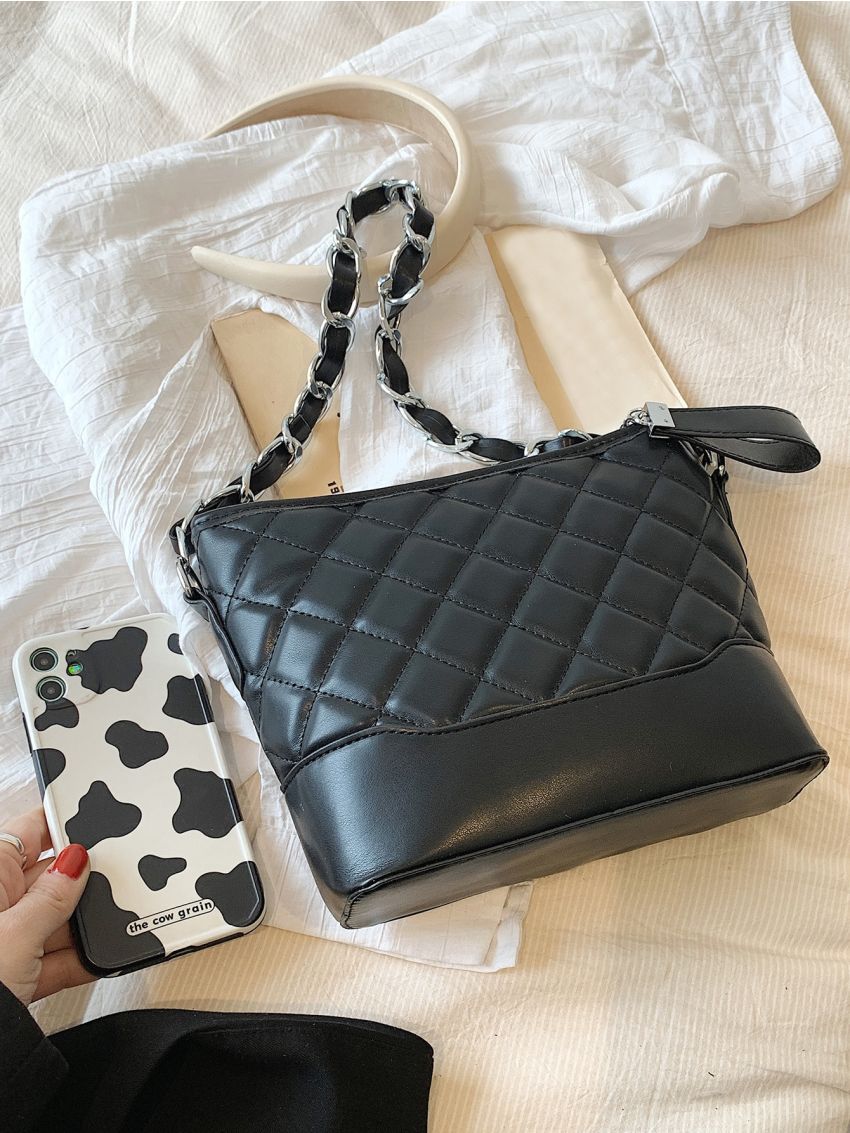 Quilted Pattern Square Bag Chain Zipper