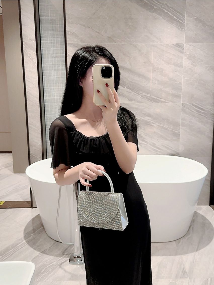 Mini Rhinestone Decor Glitter Square Bag Glamorous, Perfect Bride Purse For Wedding, Prom & Party Events