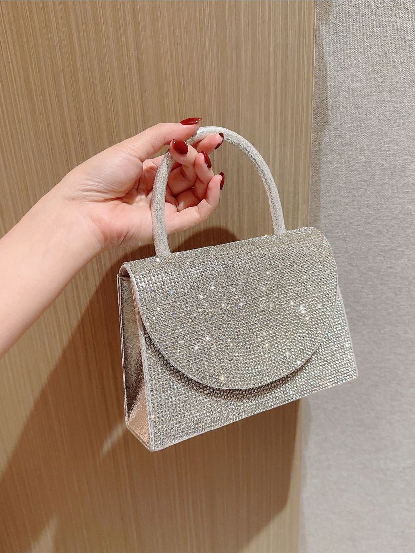 Mini Rhinestone Decor Glitter Square Bag Glamorous, Perfect Bride Purse For Wedding, Prom & Party Events