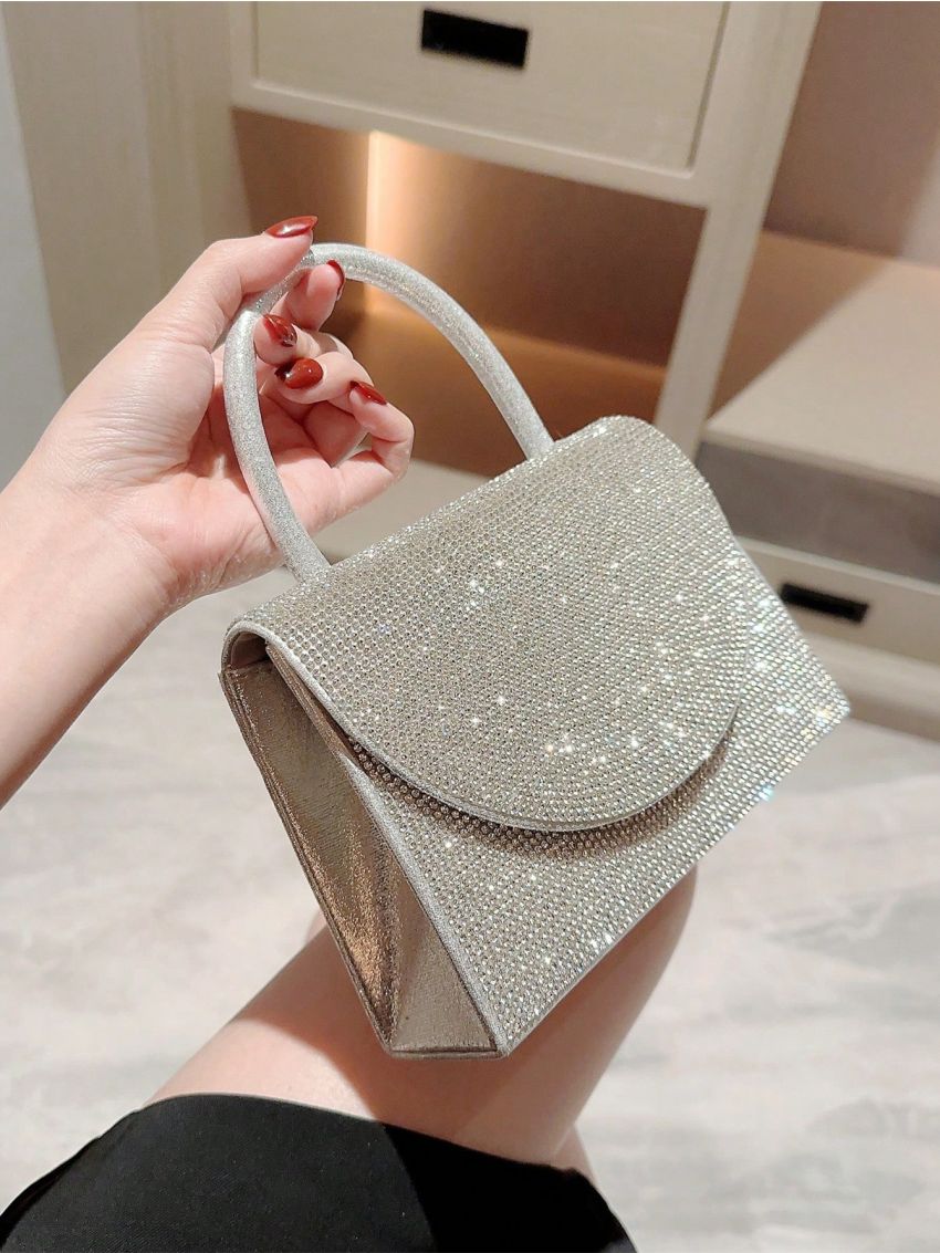 Mini Rhinestone Decor Glitter Square Bag Glamorous, Perfect Bride Purse For Wedding, Prom & Party Events