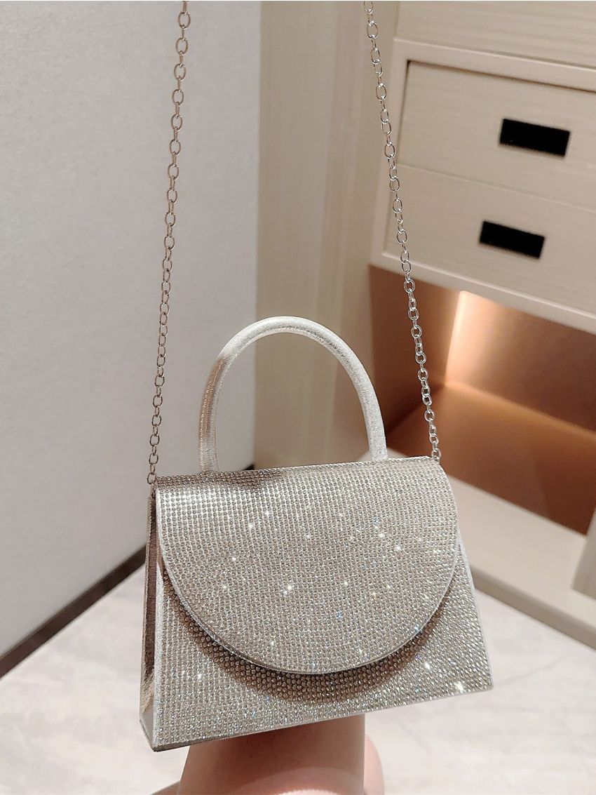 Mini Rhinestone Decor Glitter Square Bag Glamorous, Perfect Bride Purse For Wedding, Prom & Party Events