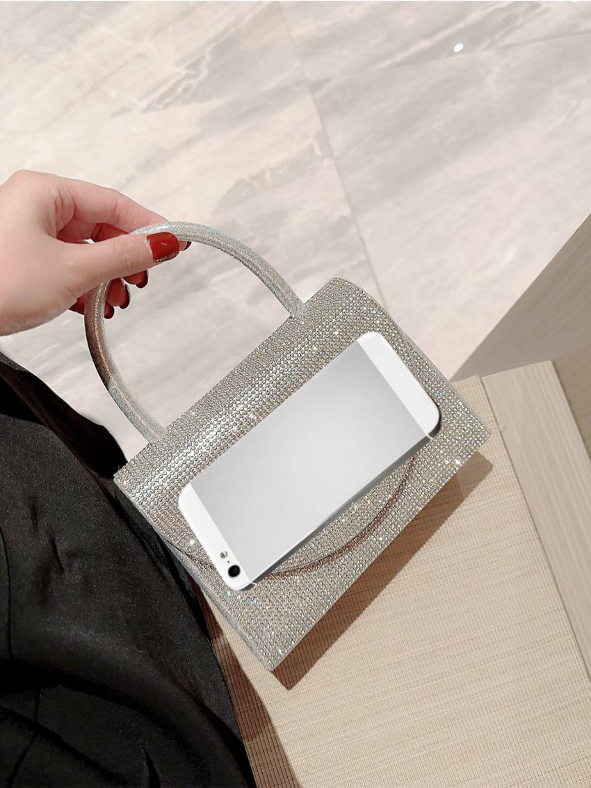 Mini Rhinestone Decor Glitter Square Bag Glamorous, Perfect Bride Purse For Wedding, Prom & Party Events