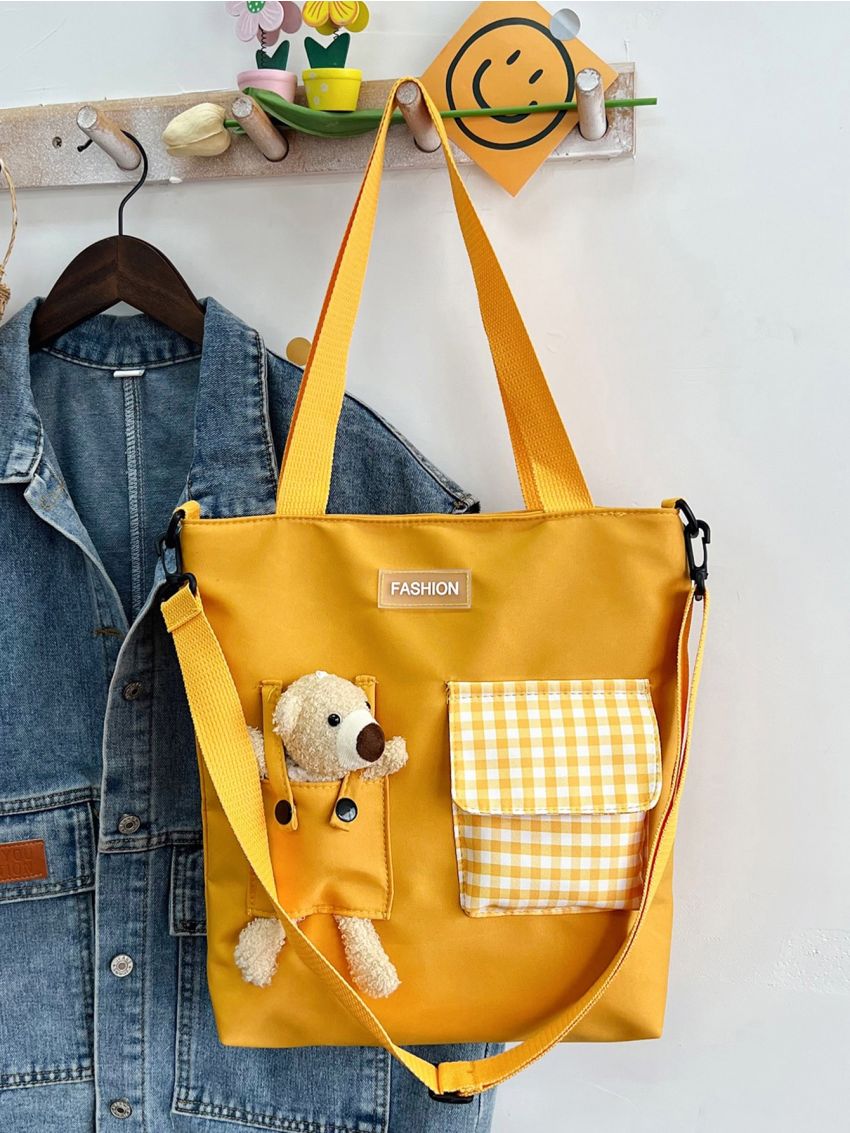 Letter Patch Plaid Detail Shopper Bag Cartoon Bear Decor