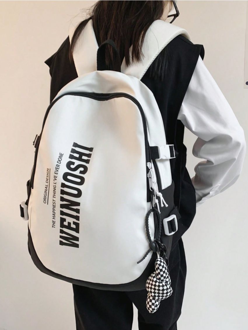 Two Tone Laptop Backpack Letter Graphic With Bag Charm