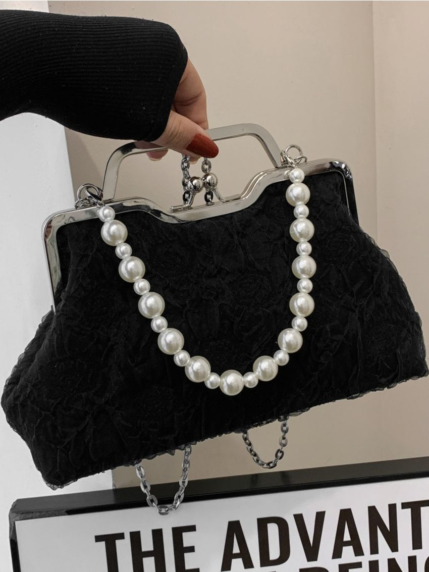 Ruched Detail Square Bag Pearl Decor Kiss Lock