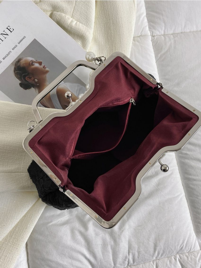 Ruched Detail Square Bag Pearl Decor Kiss Lock