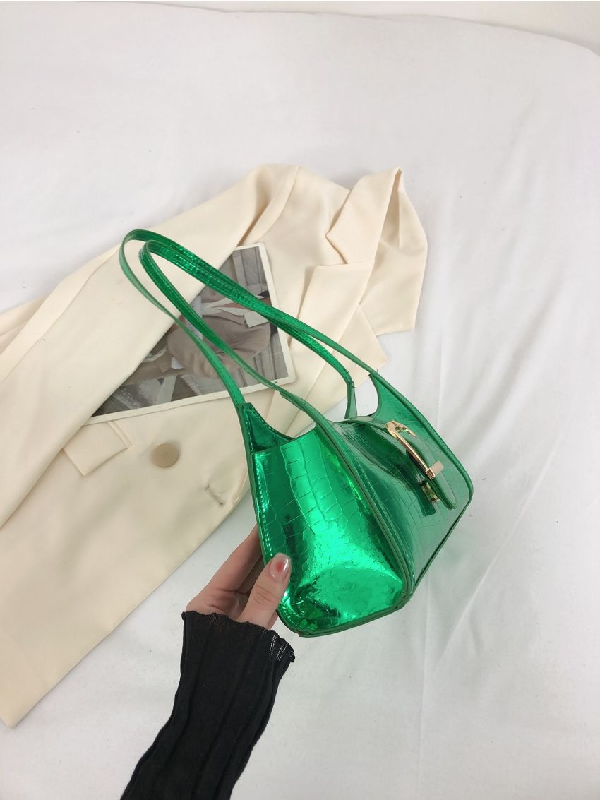 Geometric Embossed Baguette Bag Metallic Green Buckle Decor Funky