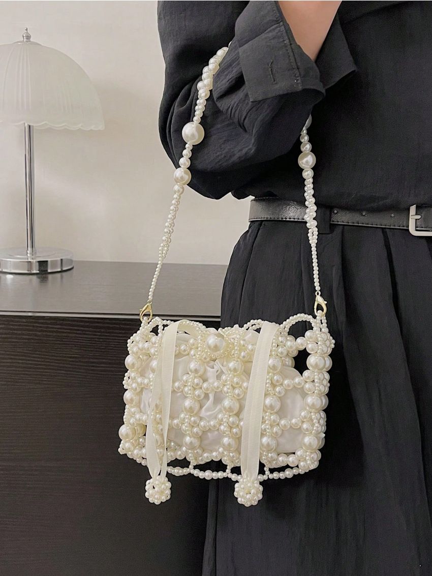 Mini Square Bag Pearl Beaded Design Drawstring