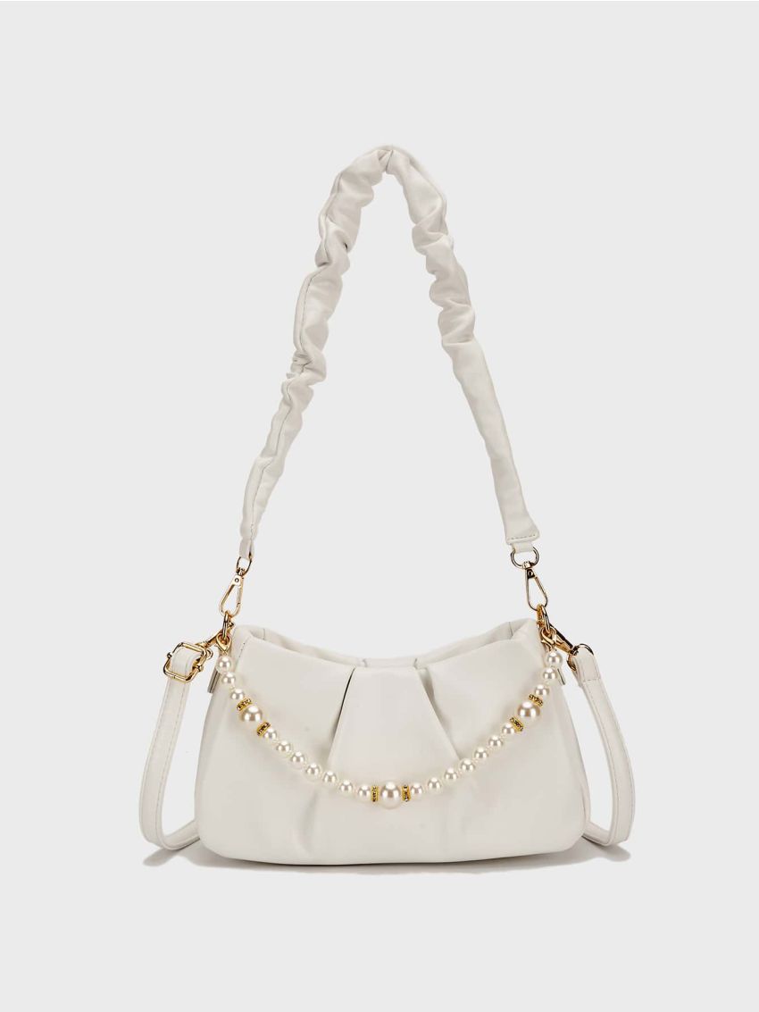 Medium Hobo Bag Ruched Detail Pearl Decor