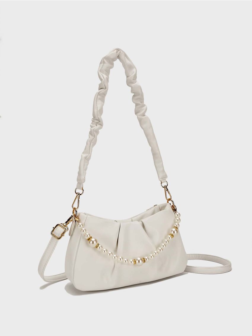 Medium Hobo Bag Ruched Detail Pearl Decor