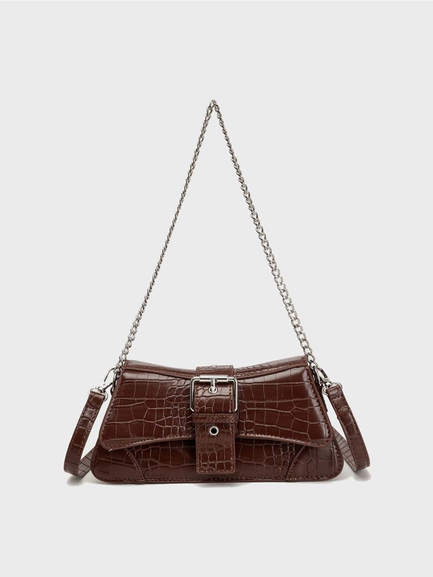 Crocodile Embossed Baguette Bag Buckle Decor