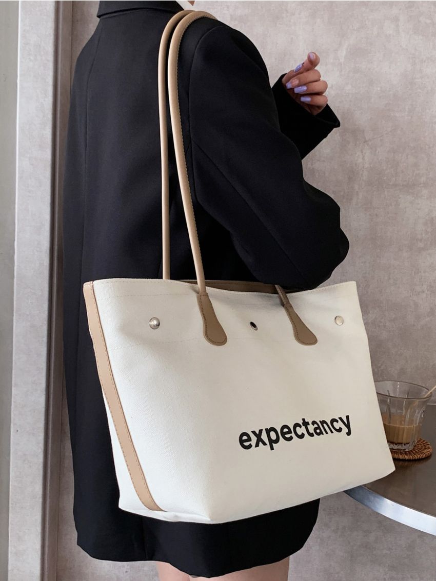 Large Shoulder Tote Bag Letter Graphic Studded Decor