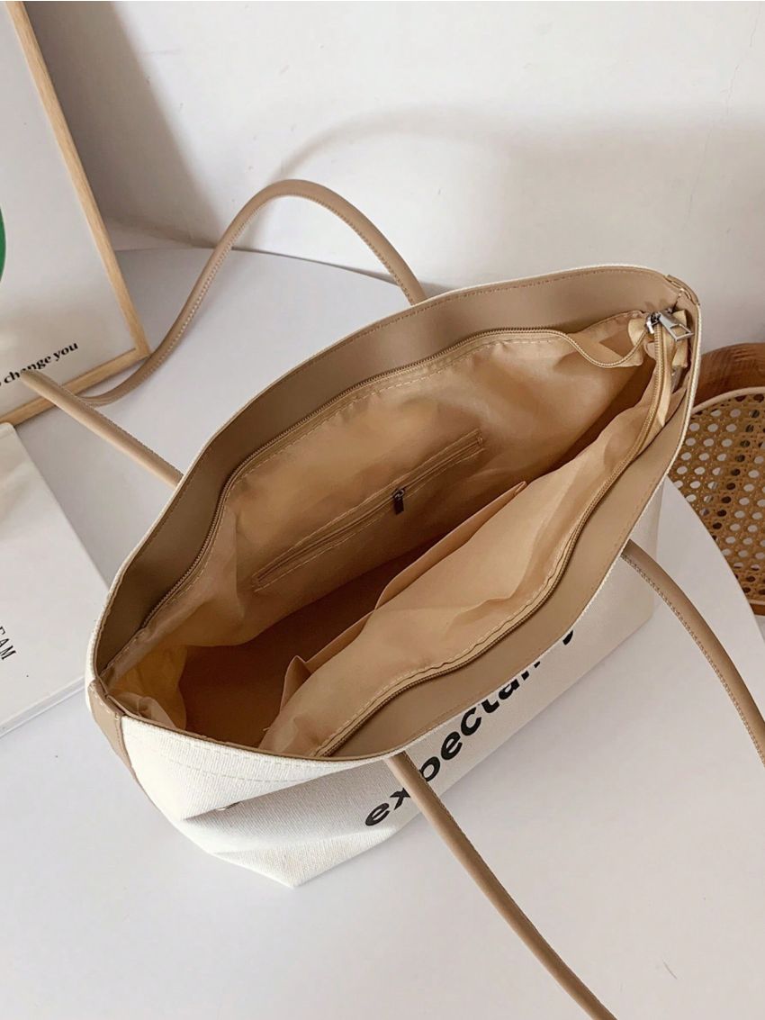 Large Shoulder Tote Bag Letter Graphic Studded Decor