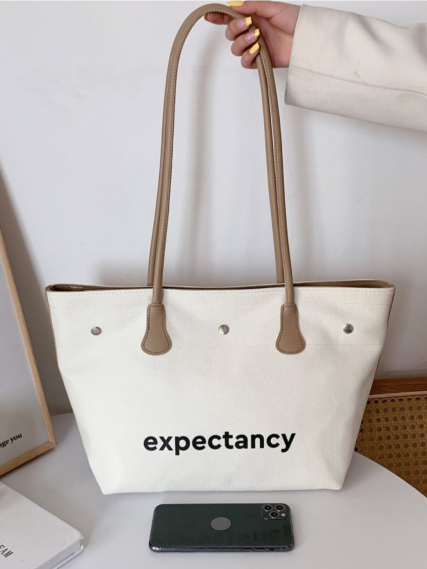 Large Shoulder Tote Bag Letter Graphic Studded Decor