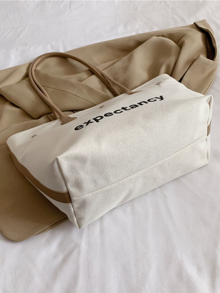 Large Shoulder Tote Bag Letter Graphic Studded Decor