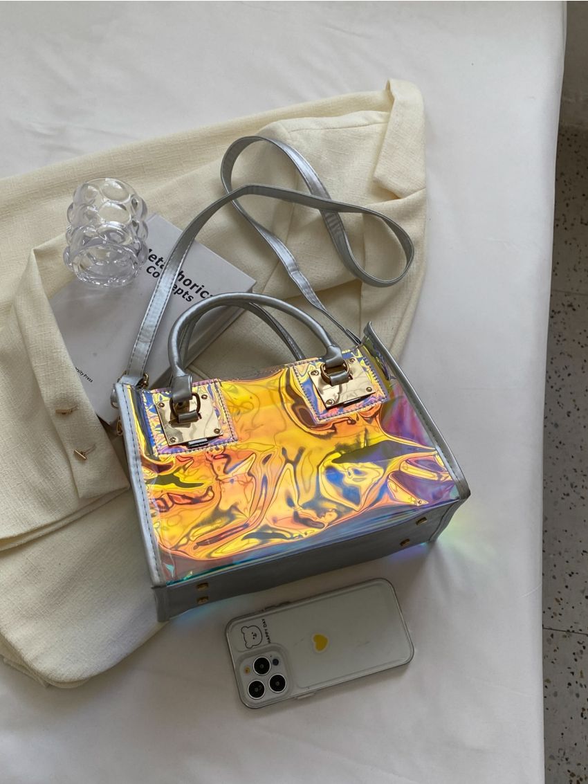 Medium Square Bag Double Handle Funky Holographic Pattern, Clear Bag