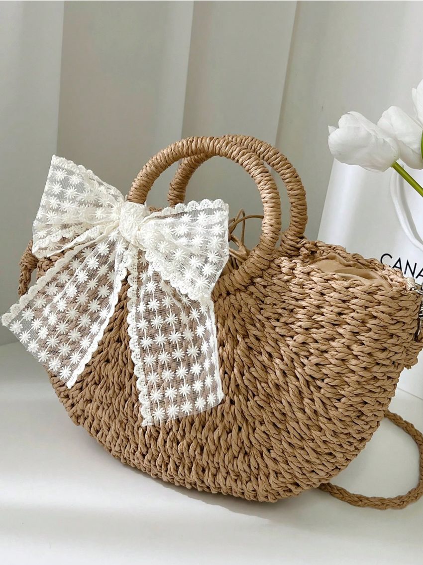 Medium Straw Bag Paper Twilly Scarf Decor