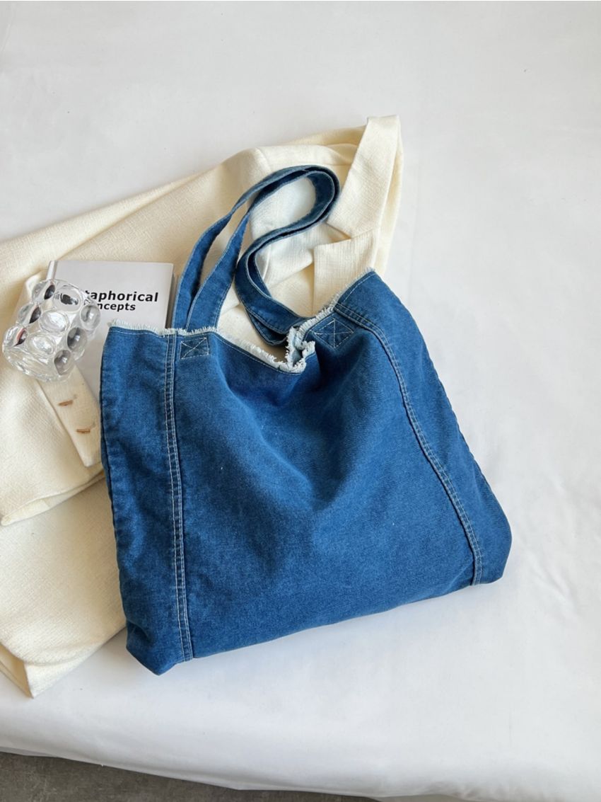 Large Shopper Bag Letter Patch Decor Raw Hem Detail Denim Bag