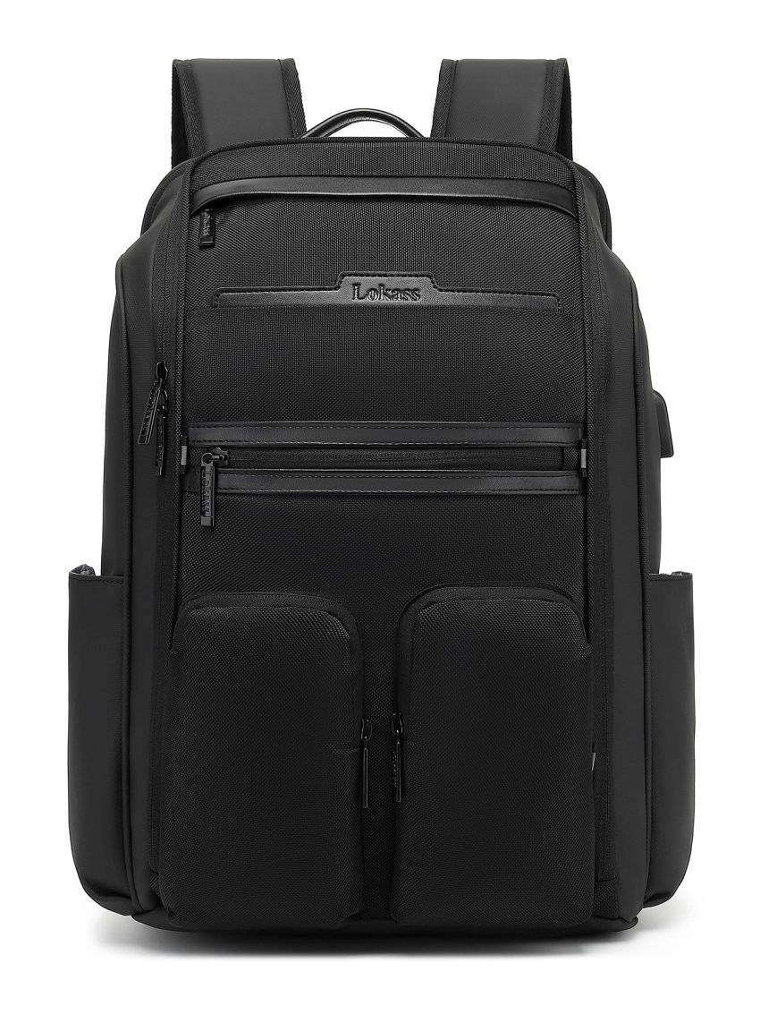 Minimalist Laptop Backpack Solid Black With USB Charging Port Multi-Pocket For Traveling
