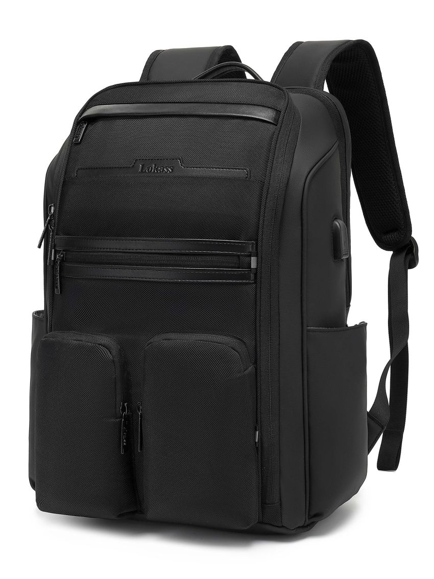 Minimalist Laptop Backpack Solid Black With USB Charging Port Multi-Pocket For Traveling
