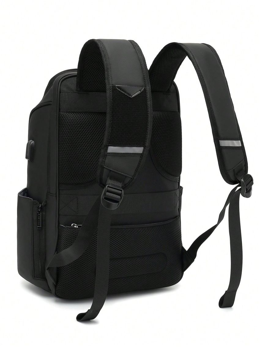 Minimalist Laptop Backpack Solid Black With USB Charging Port Multi-Pocket For Traveling