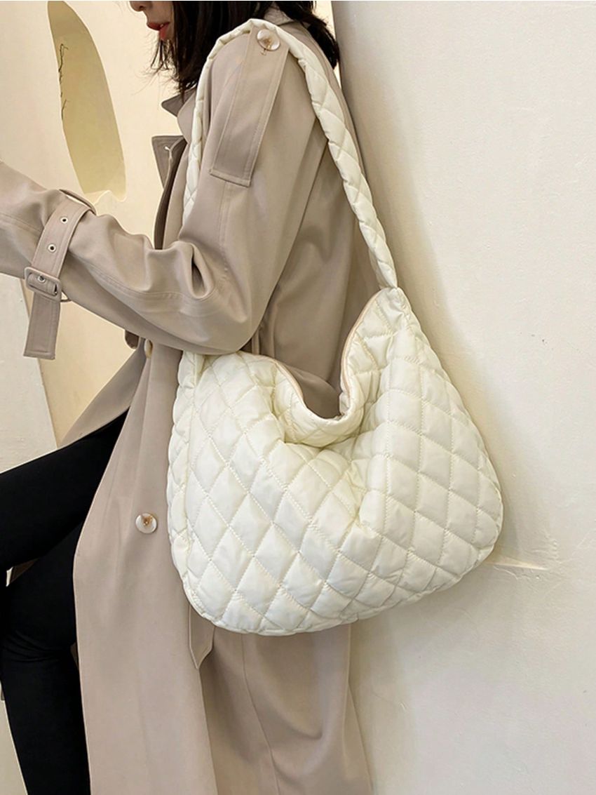 Lattice Quilted Shoulder Bag, Large Capacity Crossbody Bag, Solid Color Women's Tote Bag
