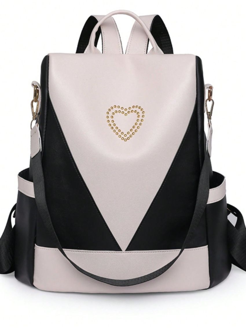 Medium Fashion Backpack Studded Decor Colorblock