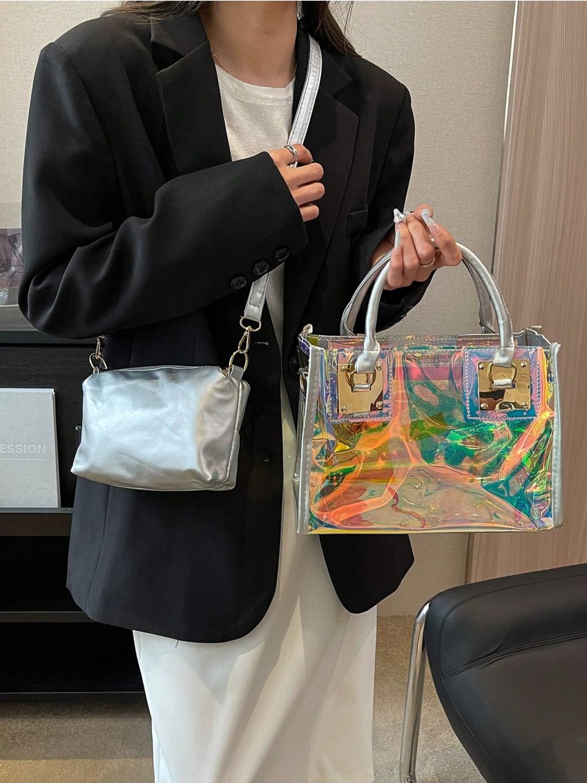 Medium Square Bag Double Handle Funky Holographic Pattern, Clear Bag
