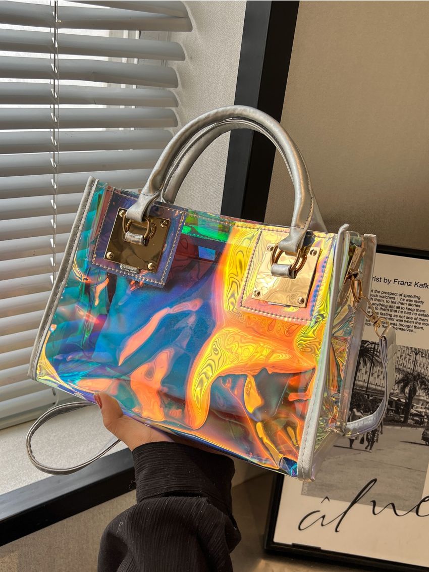 Medium Square Bag Double Handle Funky Holographic Pattern, Clear Bag
