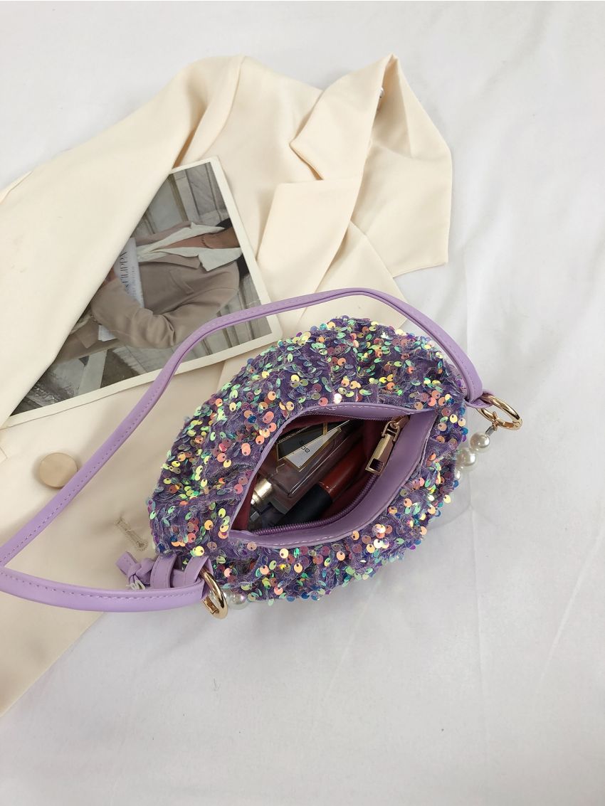 Small Ruched Bag Sequin & Faux Pearl Decor