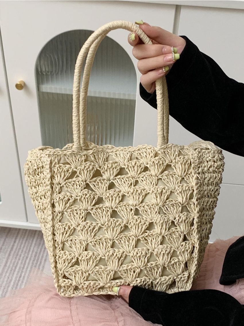 Medium Straw Bag Double Handle Hollow Out Design