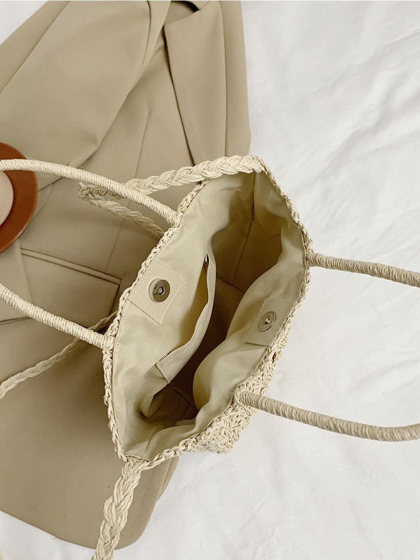 Medium Straw Bag Double Handle Hollow Out Design