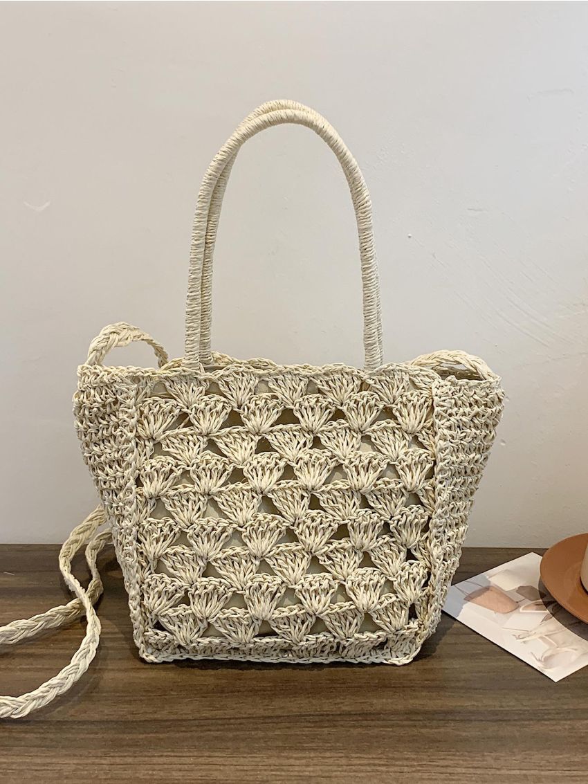 Medium Straw Bag Double Handle Hollow Out Design